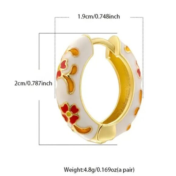 Floral Design Huggie Hoop Enamel Earrings Red White One Size - Picture 6 of 7